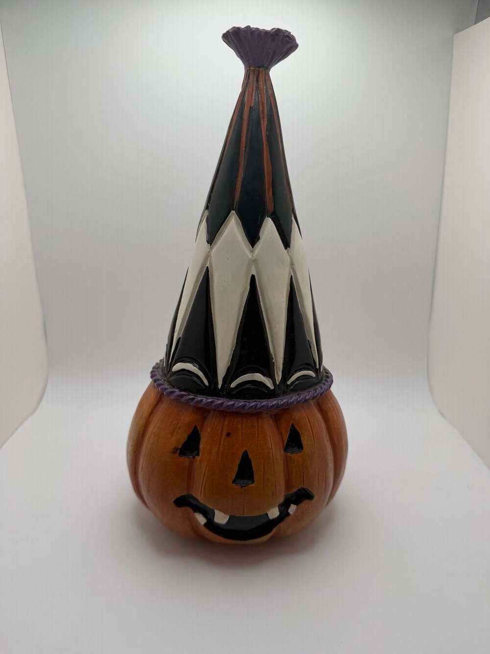 Halloween Jack O Lantern Pumpkin Witch Hat Figurine Decor 11” Black Orange